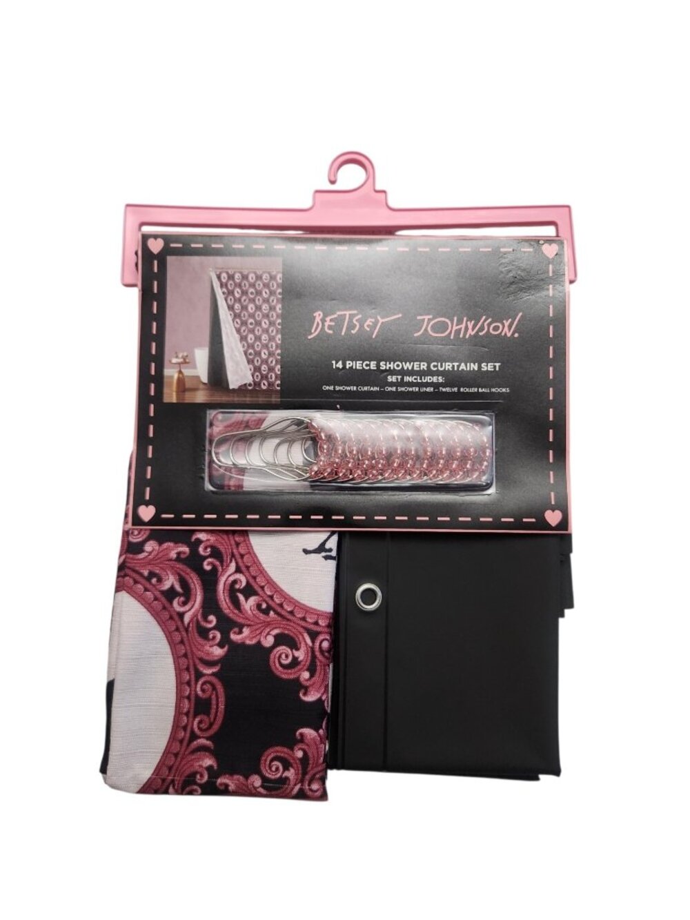Betsey Johnson Halloween Shower Curtain Set Pink Black Crows Bats Skulls Bats